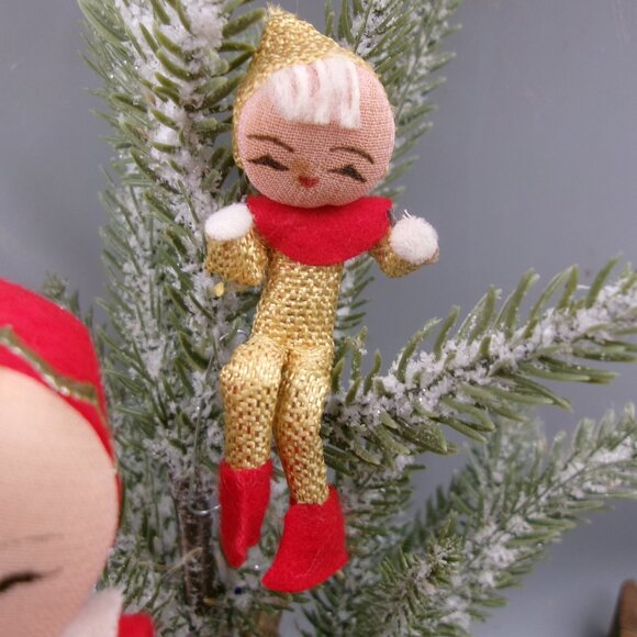 2 Vintage Pixie Elf Christmas Ornaments, Poseable Sitters, Red and Gold Lame - Picture 2 of 7